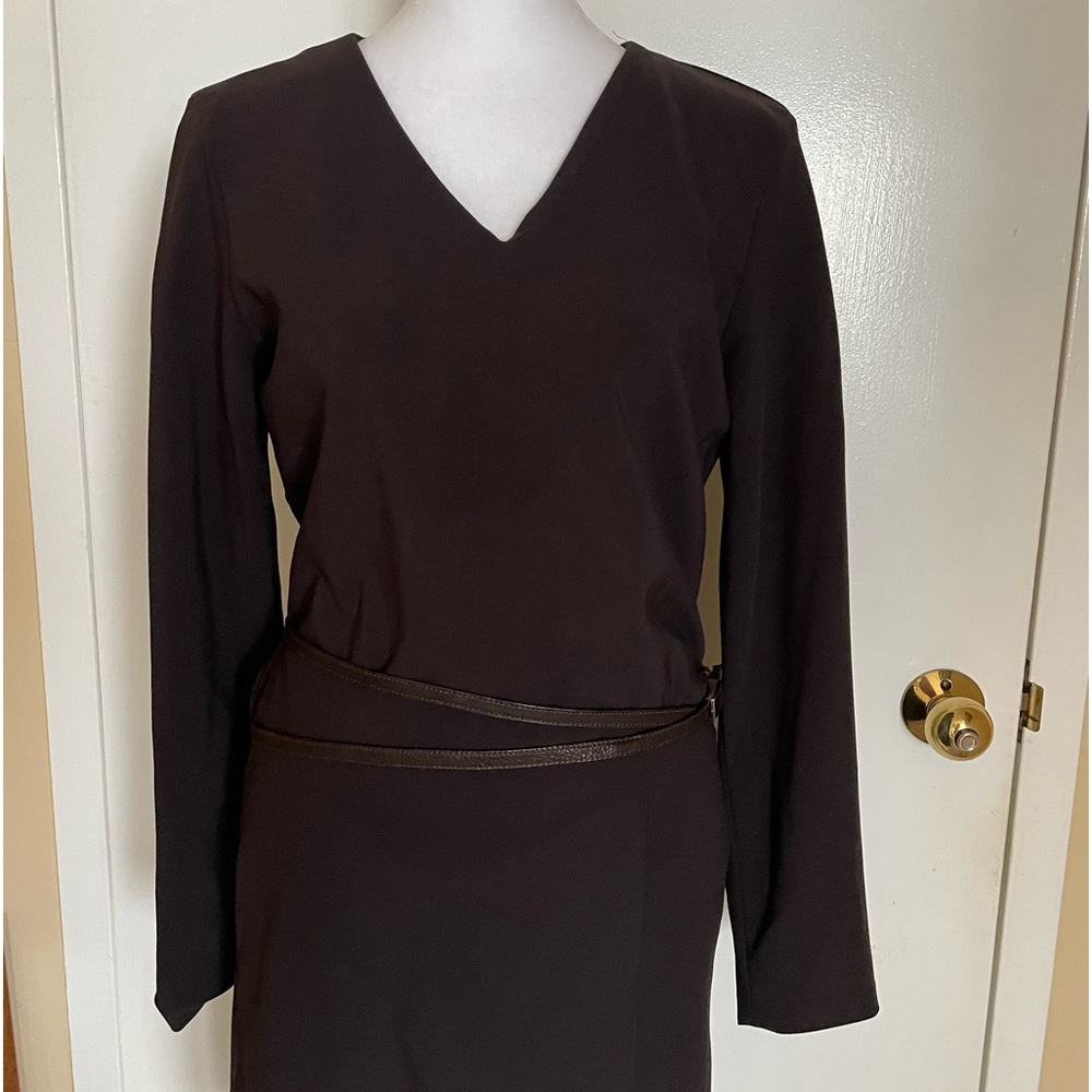 WRAP SKIRT DRESS long sleeve vneck Krishna chocolate brown leather wrap belt sz1